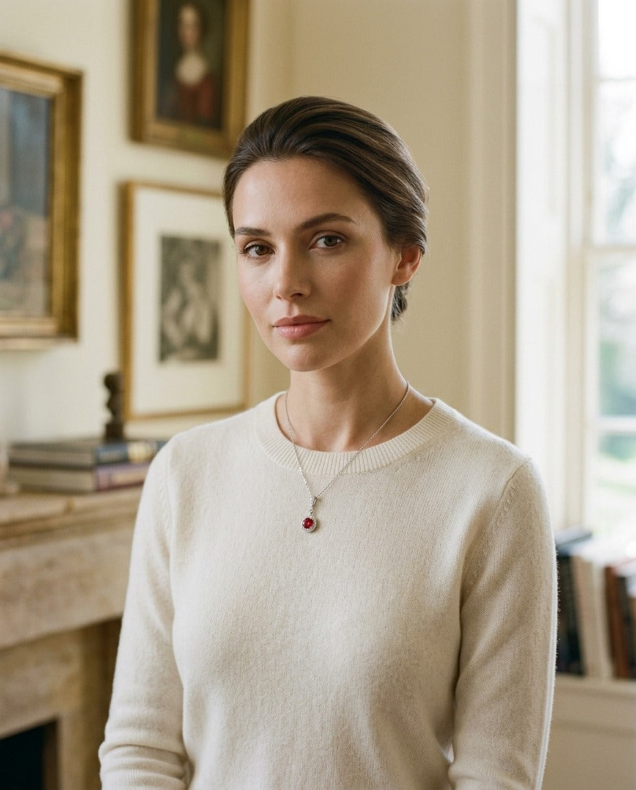 Ruby And Diamond Halo Dangle Pendant In 14k White Gold And 18-Inch Rolo Chain — portrait full