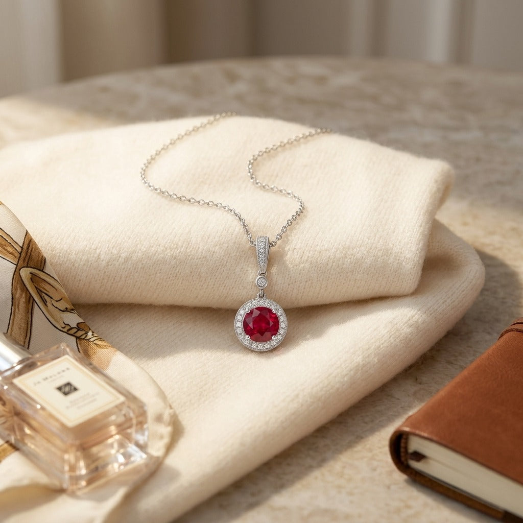 Ruby And Diamond Halo Dangle Pendant In 14k White Gold And 18-Inch Rolo Chain — textile flat lay