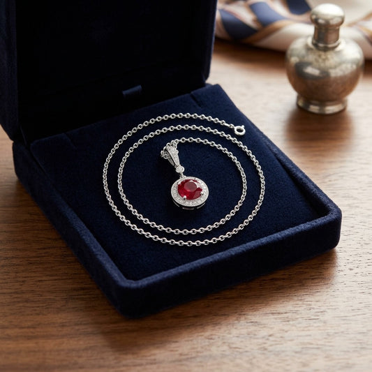 Ruby And Diamond Halo Dangle Pendant In 14k White Gold And 18-Inch Rolo Chain — velvet box