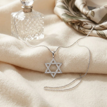 Diamond Pave Star Of David Pendant In 14k White Gold — textile flat lay