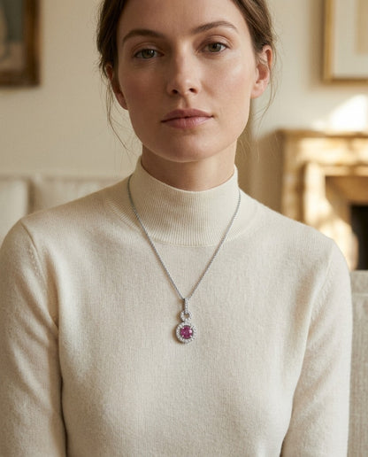 Pink Sapphire and Diamond Doorknocker Pendant in 14k White Gold (5mm Round Center) — portrait close