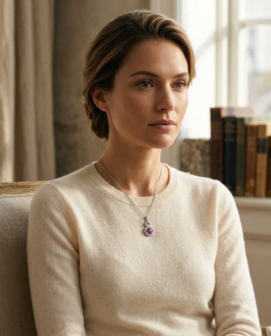 Pink Sapphire and Diamond Doorknocker Pendant in 14k White Gold (5mm Round Center) — portrait full