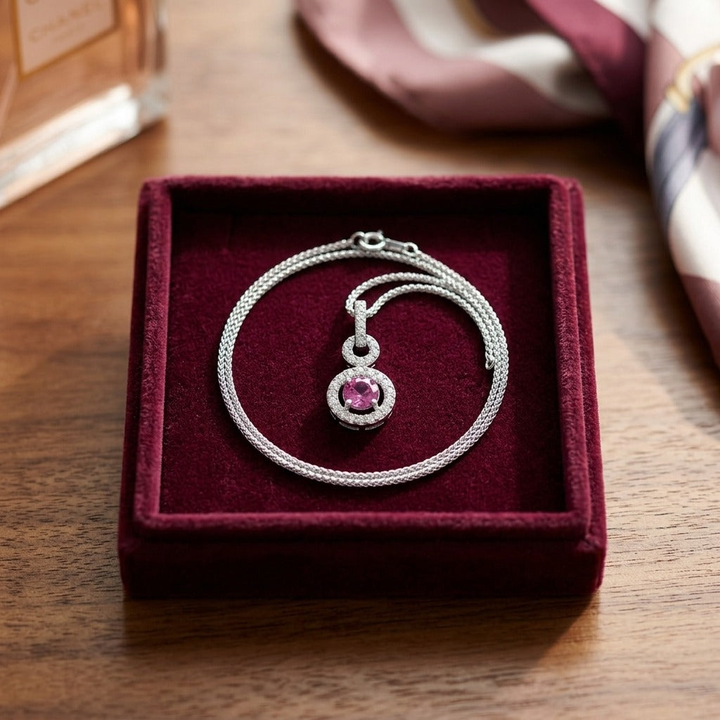 Pink Sapphire and Diamond Doorknocker Pendant in 14k White Gold (5mm Round Center) — velvet box