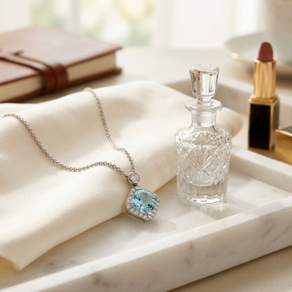 Blue Topaz and Diamond Cushion Kite Pendant in 14k White Gold 17 Inch Baby Curb Chain — marble silk