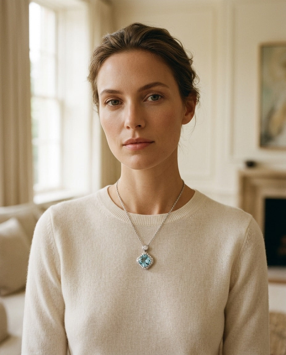 Blue Topaz and Diamond Cushion Kite Pendant in 14k White Gold 17 Inch Baby Curb Chain — portrait close