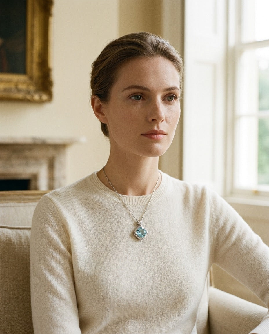 Blue Topaz and Diamond Cushion Kite Pendant in 14k White Gold 17 Inch Baby Curb Chain — portrait full