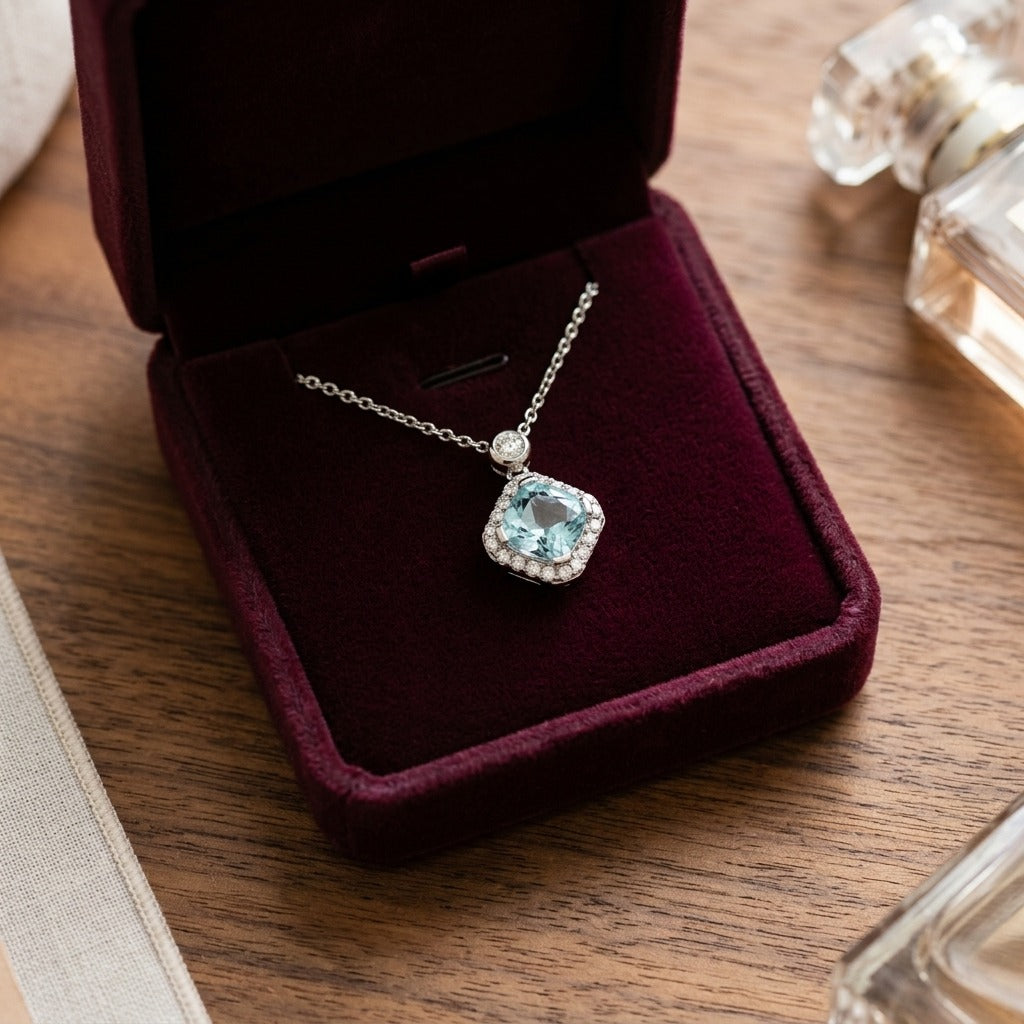 Blue Topaz and Diamond Cushion Kite Pendant in 14k White Gold 17 Inch Baby Curb Chain — velvet box