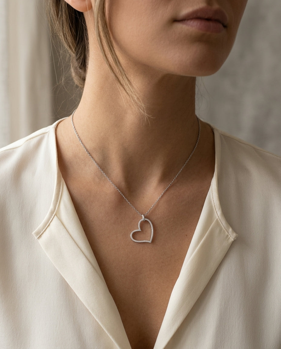 Diamond Pave Side Floating Heart Pendant In 14k White Gold (1/4 Ct.tw.) — editorial close-up