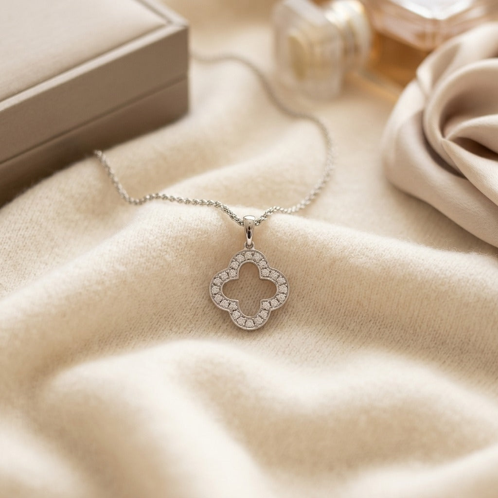 Pave Diamond Clover in 14k White Gold (1/5 Ct.tw.) — textile flat lay