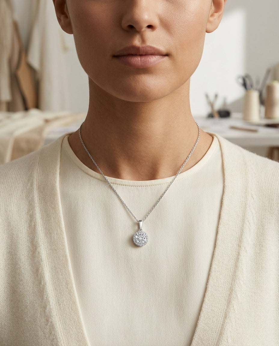 Diamond Halo Pendant In 14k White Gold (3/8 Ct. Tw.) — editorial close-up