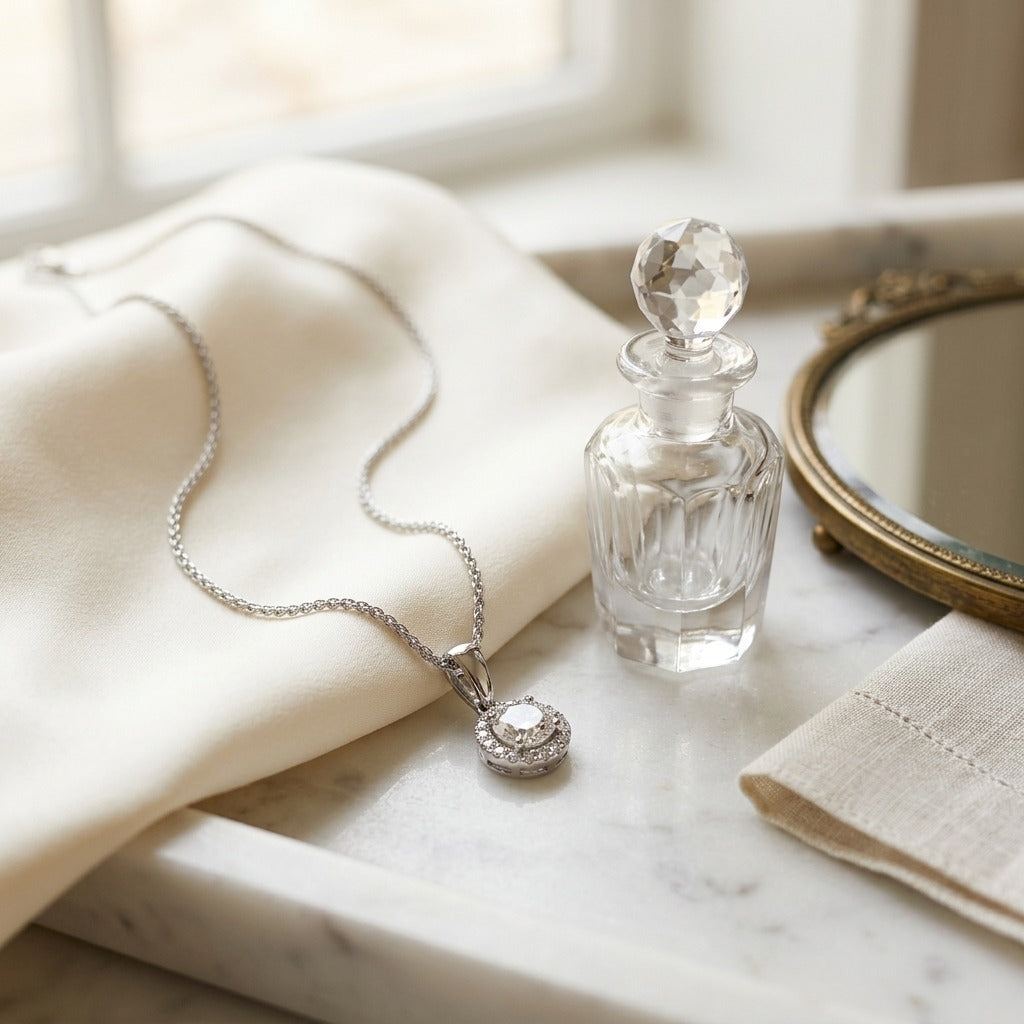 Diamond Halo Pendant in 14k White Gold (1/2 Ct. Tw,) with 17 Inch Wheat Chain — marble silk