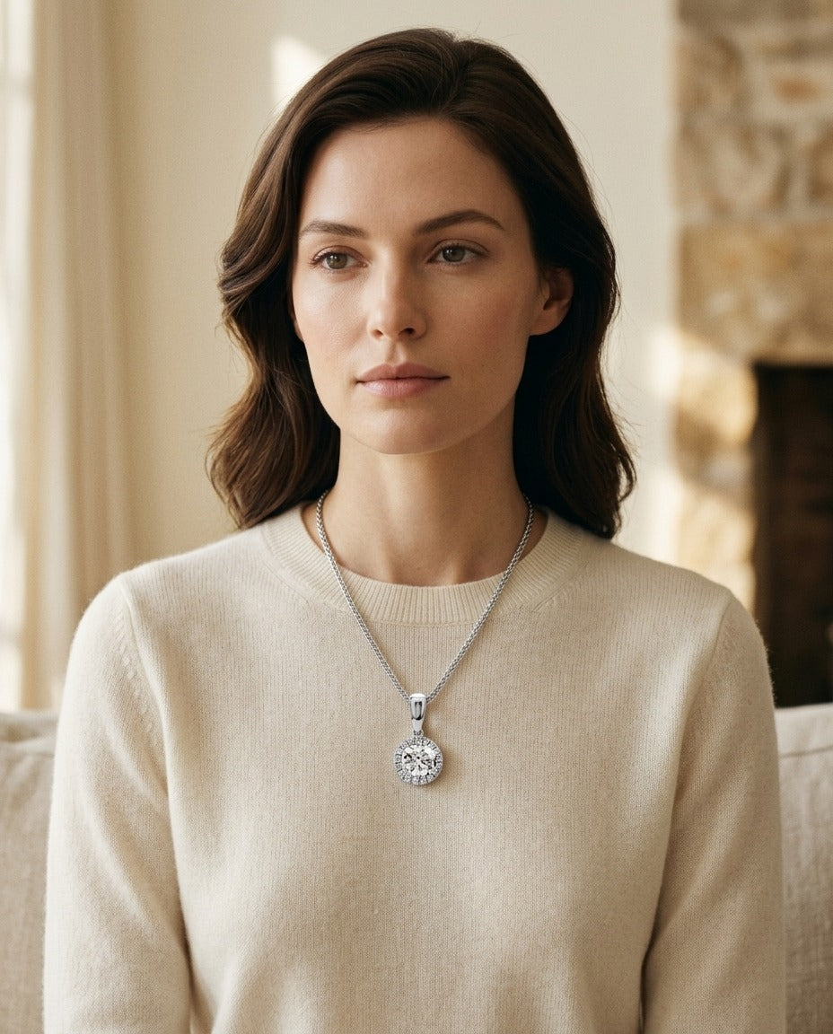 Diamond Halo Pendant in 14k White Gold (1/2 Ct. Tw,) with 17 Inch Wheat Chain — portrait close