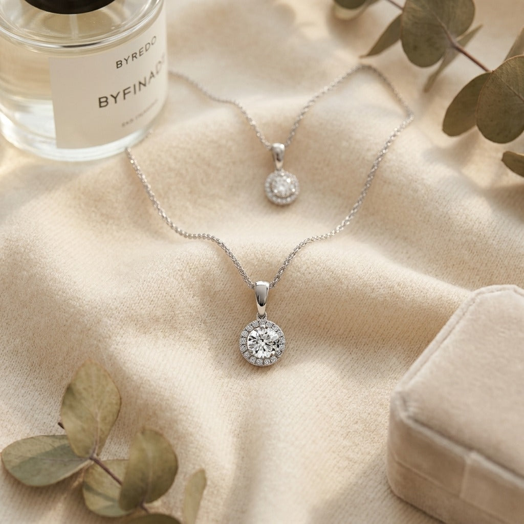 Diamond Halo Pendant in 14k White Gold (1/2 Ct. Tw,) with 17 Inch Wheat Chain — textile flat lay