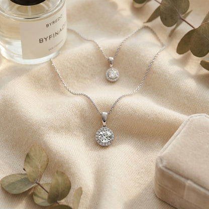 Diamond Halo Pendant in 14k White Gold (1/2 Ct. Tw,) with 17 Inch Wheat Chain — textile flat lay