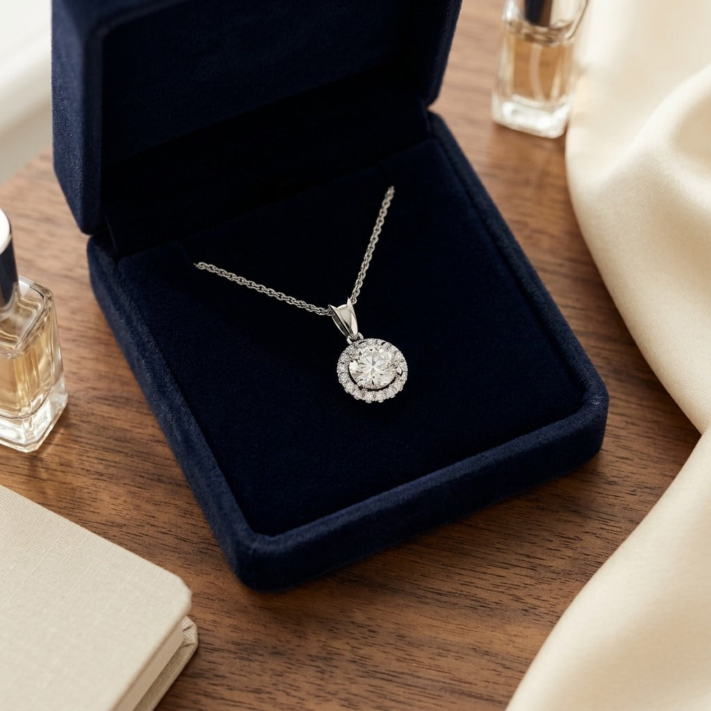 Diamond Halo Pendant in 14k White Gold (1/2 Ct. Tw,) with 17 Inch Wheat Chain — velvet box