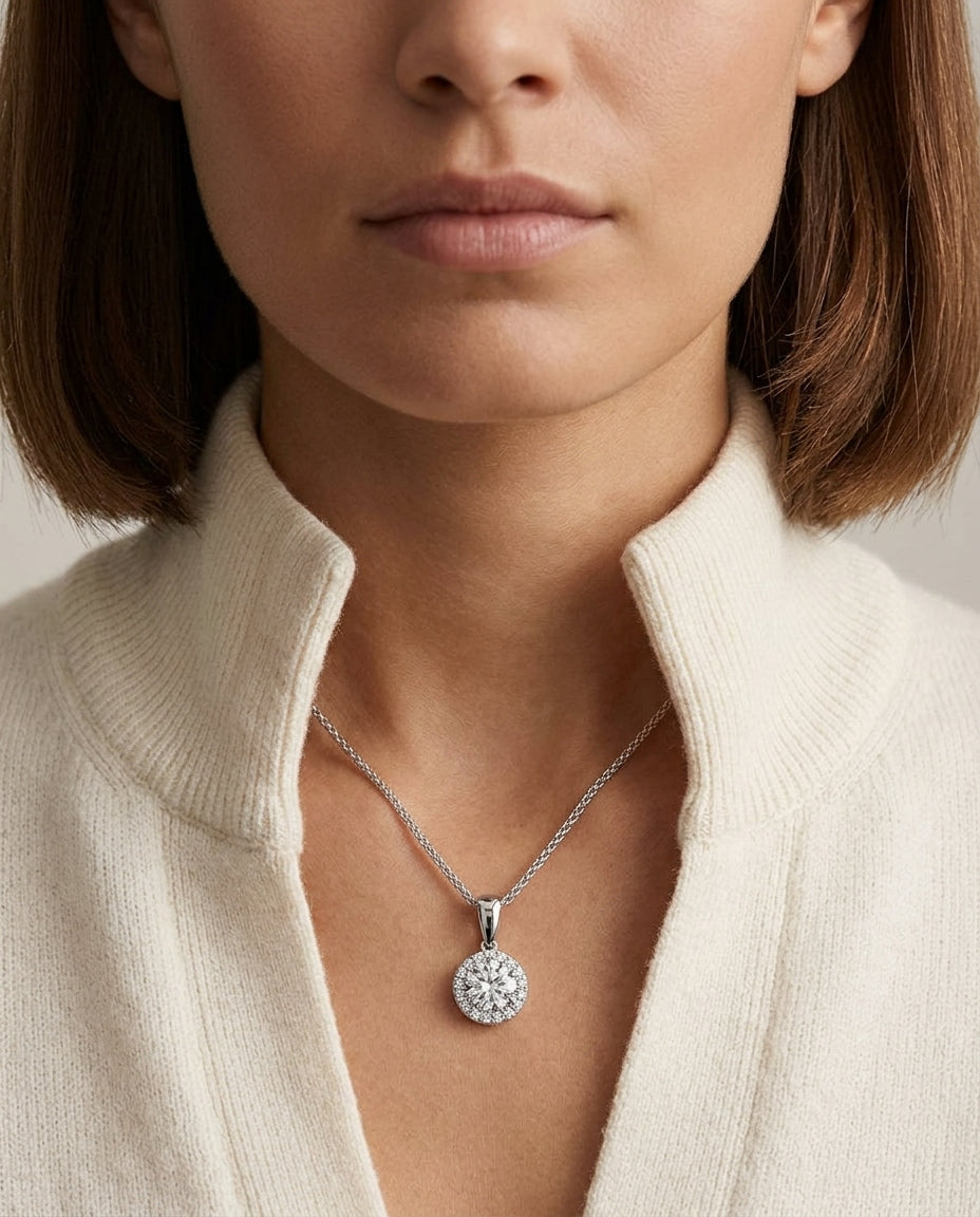 Diamond Halo Pendant In 14k White Gold (1/2 Ct. Tw,) — editorial close-up