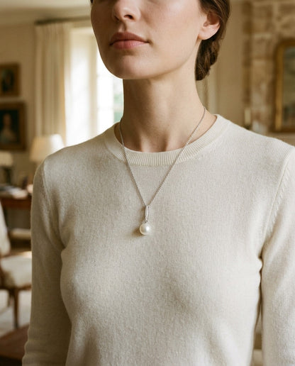 Pearl And Diamond Bale Pendant In 14k White Gold 1/12ctw — portrait close