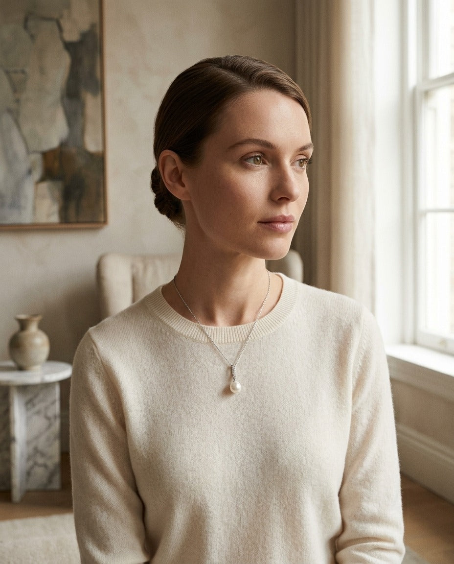 Pearl And Diamond Bale Pendant In 14k White Gold 1/12ctw — portrait full