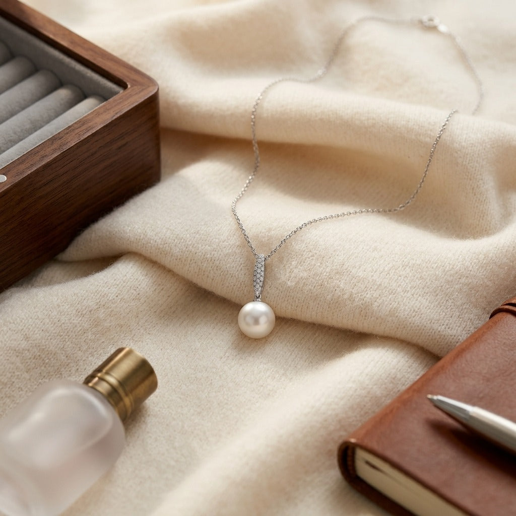Pearl And Diamond Bale Pendant In 14k White Gold 1/12ctw — textile flat lay