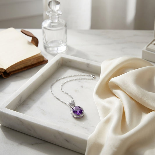 Oval Amethyst And Diamond Halo Pendant In 14k White Gold — atelier still life