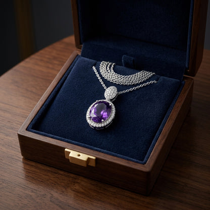 Oval Amethyst And Diamond Halo Pendant In 14k White Gold — gift presentation