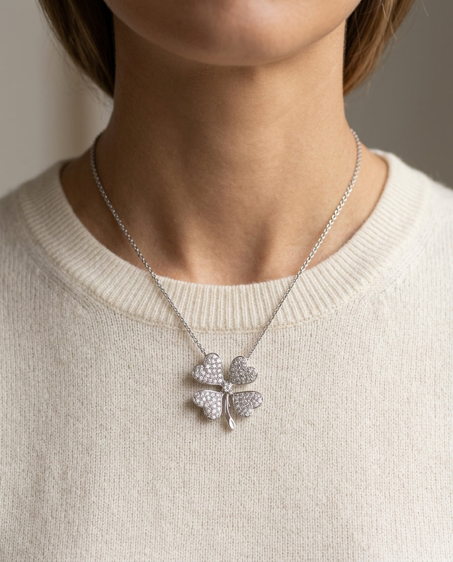 14k White Gold Diamond Clover Pendant — editorial close-up