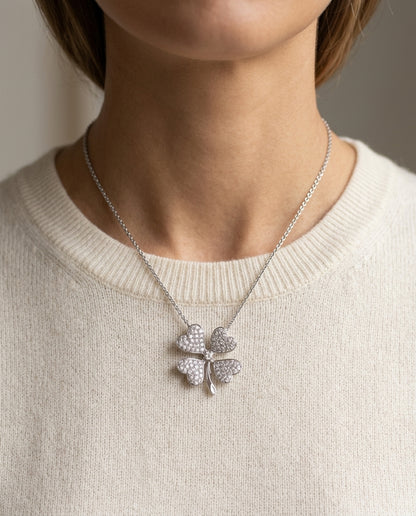 14k White Gold Diamond Clover Pendant — editorial close-up