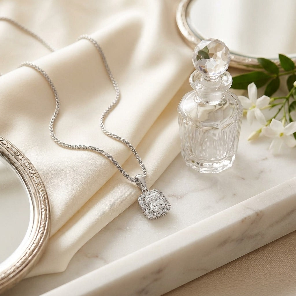 Diamond Princess Cut, Rounded Halo Pendant In 14k White Gold (0.75ct Ctr) — marble silk