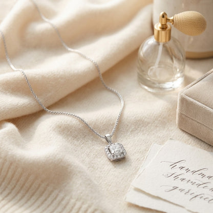 Diamond Princess Cut, Rounded Halo Pendant In 14k White Gold (0.75ct Ctr) — textile flat lay