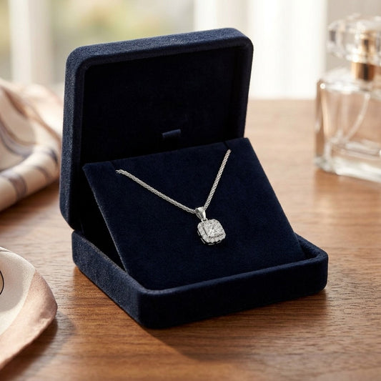 Diamond Princess Cut, Rounded Halo Pendant In 14k White Gold (0.75ct Ctr) — velvet box
