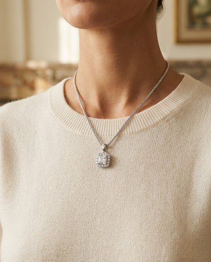 Blue Sapphire Asscher Halo Pendant in 14k White Gold 17-Inch Chain — portrait close