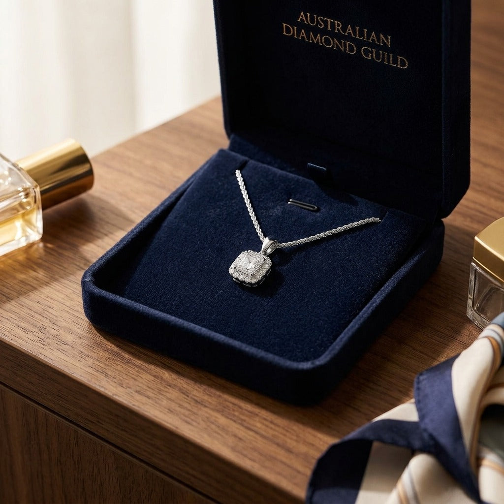 Blue Sapphire Asscher Halo Pendant in 14k White Gold 17-Inch Chain — velvet box