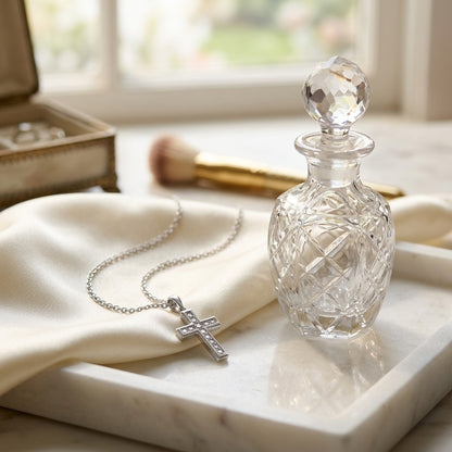 Diamond Channel Cross Pendant in 14k White Gold 16-18in Adj Cable Chain — marble silk