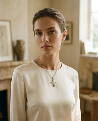 Diamond Channel Cross Pendant in 14k White Gold 16-18in Adj Cable Chain — portrait full