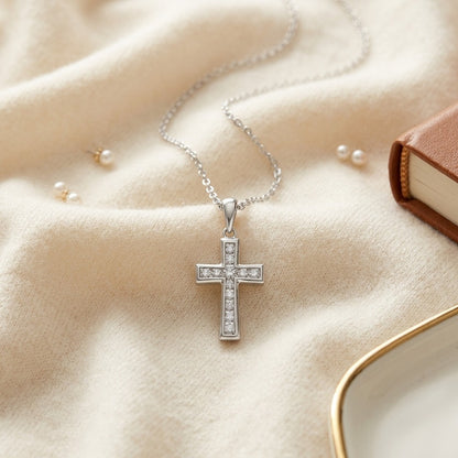 Diamond Channel Cross Pendant in 14k White Gold 16-18in Adj Cable Chain — textile flat lay
