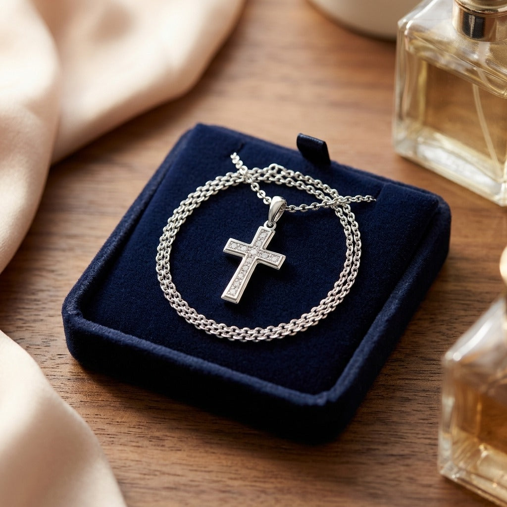 Diamond Channel Cross Pendant in 14k White Gold 16-18in Adj Cable Chain — velvet box