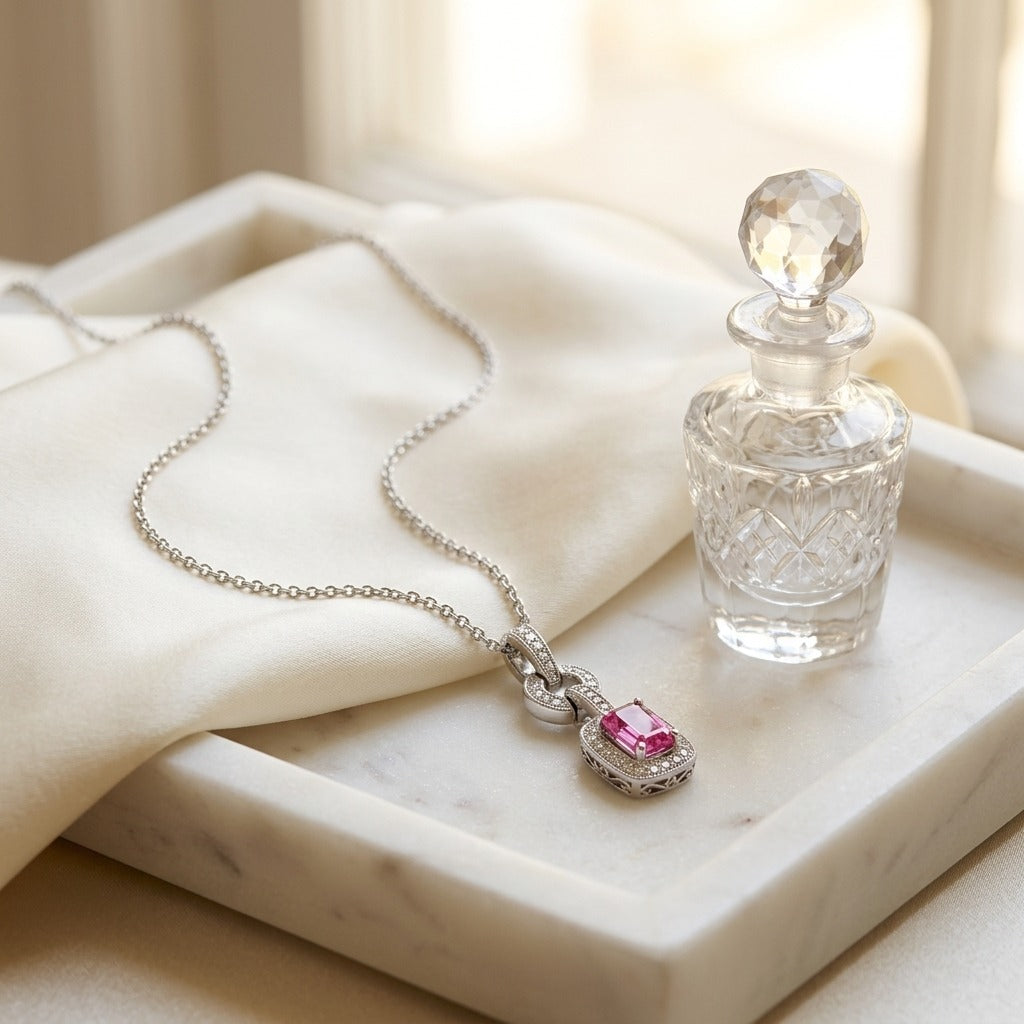 Pink Sapphire And Diamond Mini Doorknocker Pendant In 14k White Gold (6x4mm Center) — marble silk