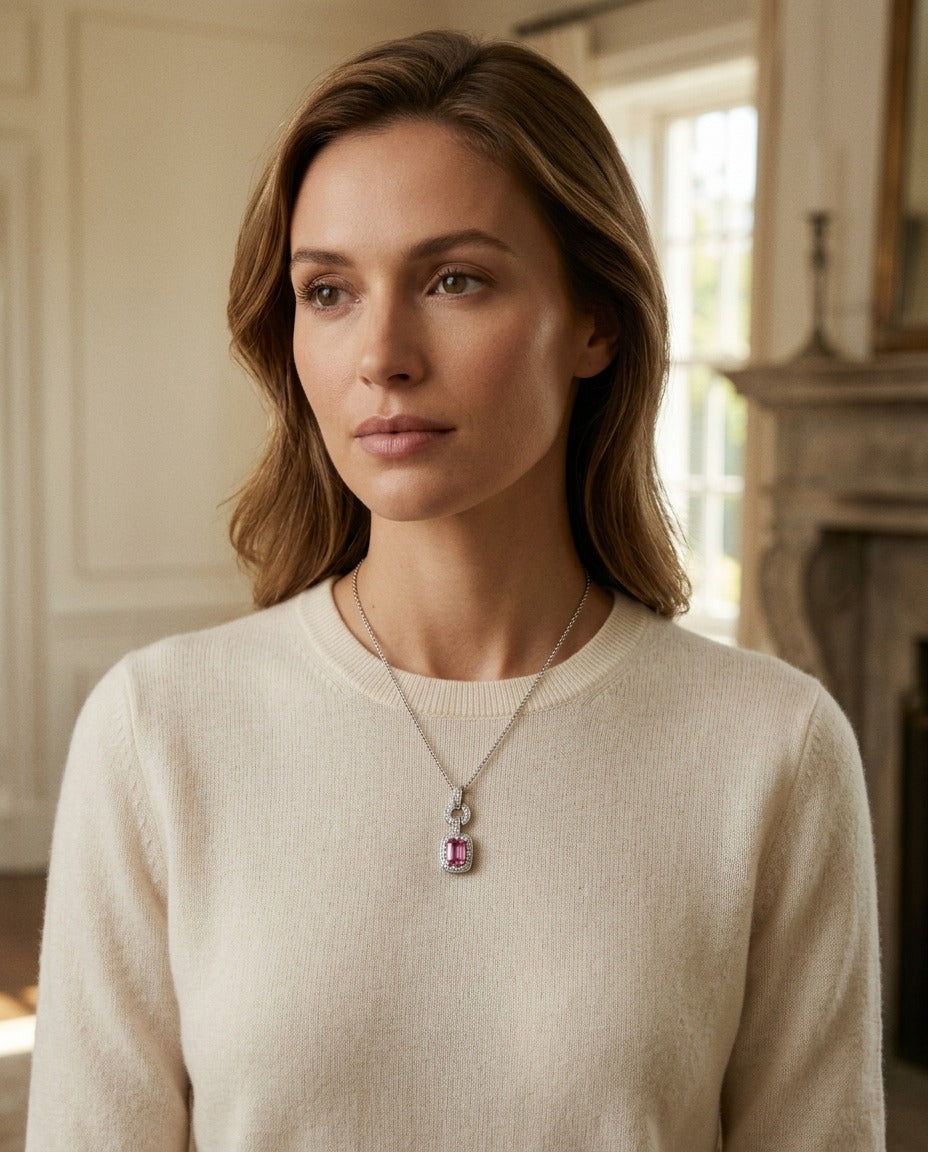 Pink Sapphire And Diamond Mini Doorknocker Pendant In 14k White Gold (6x4mm Center) — portrait close