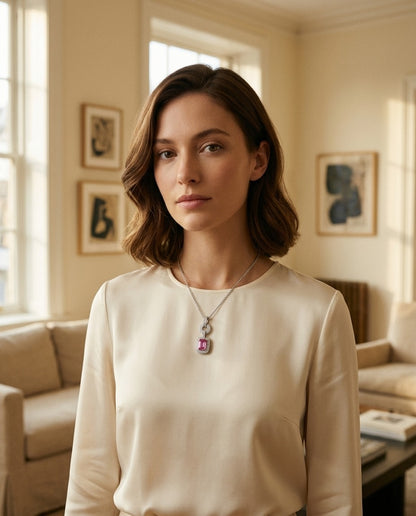 Pink Sapphire And Diamond Mini Doorknocker Pendant In 14k White Gold (6x4mm Center) — portrait full