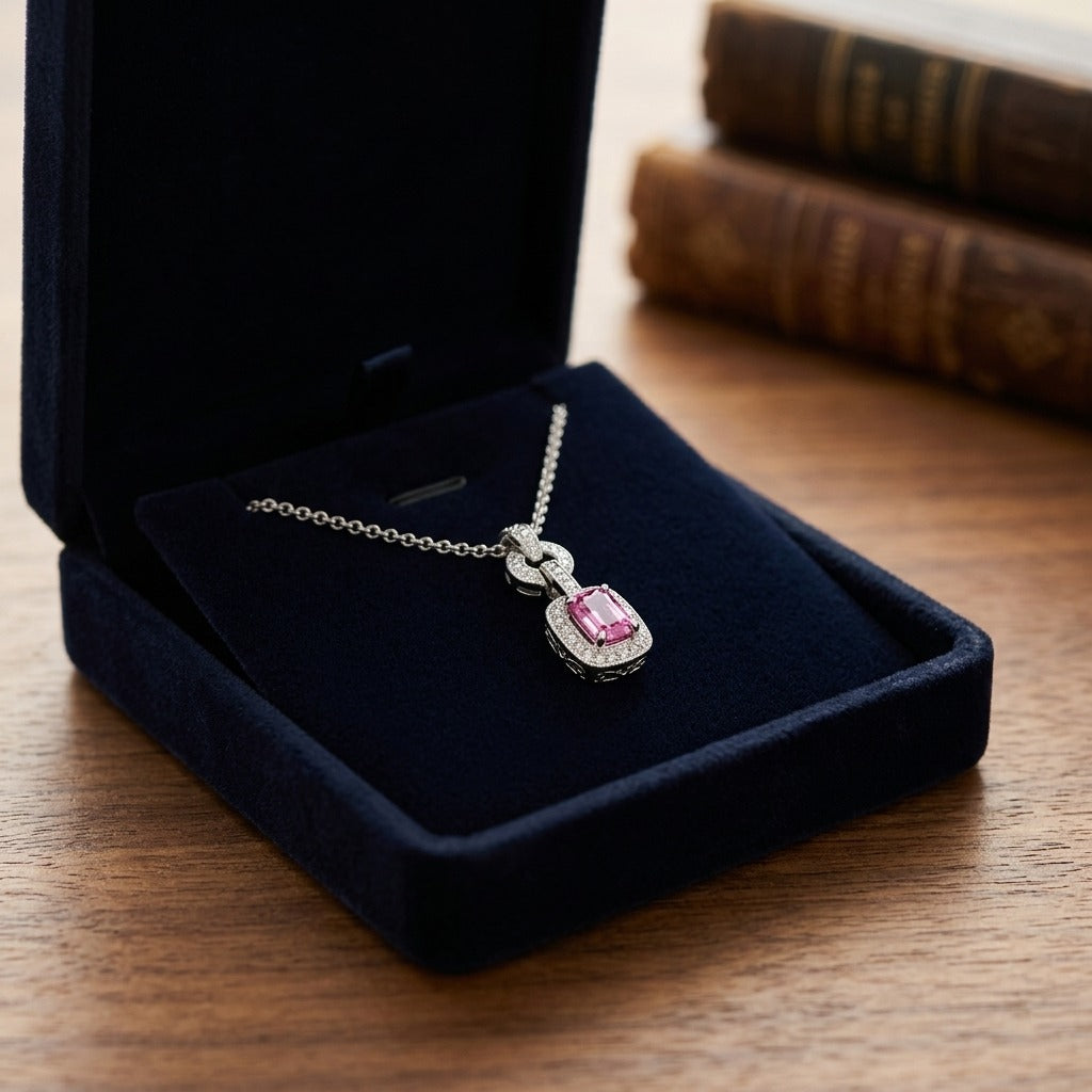 Pink Sapphire And Diamond Mini Doorknocker Pendant In 14k White Gold (6x4mm Center) — velvet box