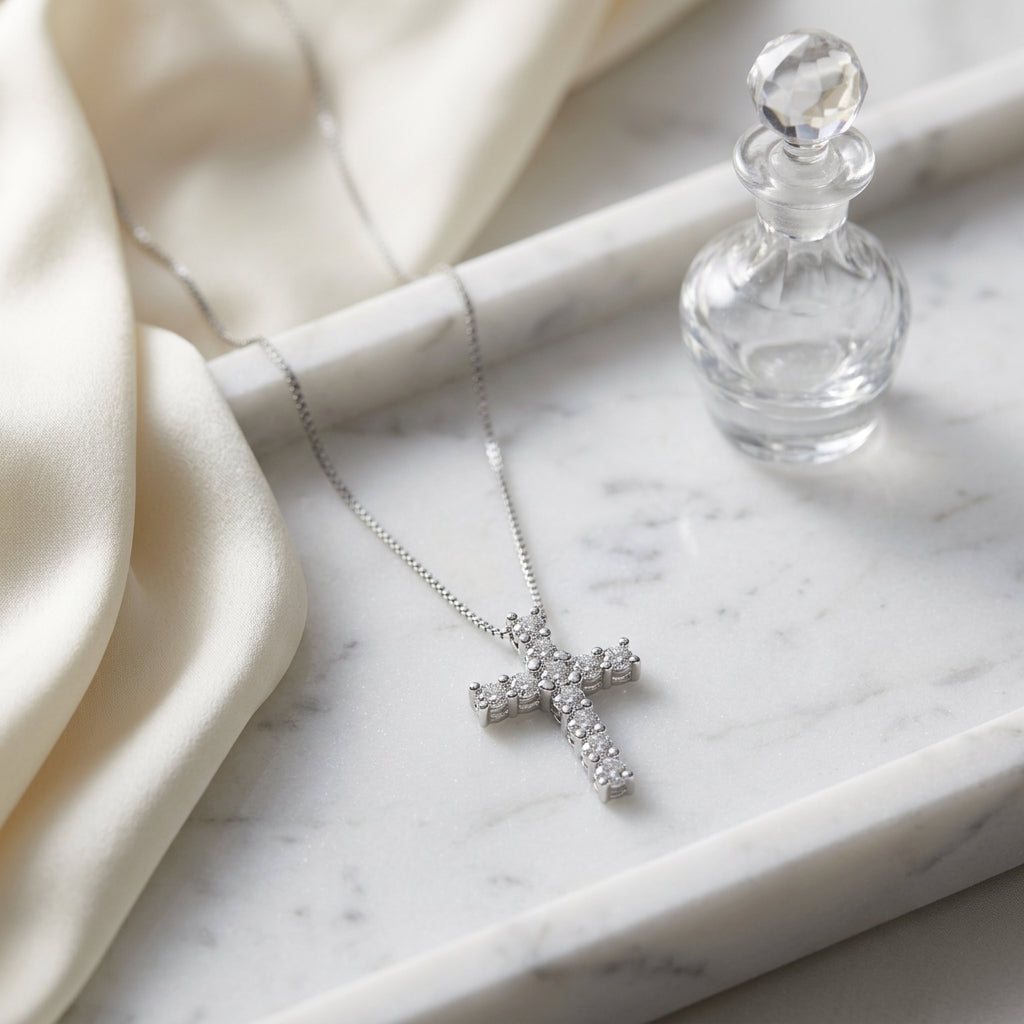 Diamond Prong-set Petite Cross Pendant In 14k White Gold — atelier still life