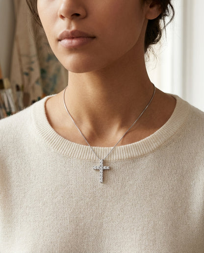 Diamond Prong-set Petite Cross Pendant In 14k White Gold — editorial close-up
