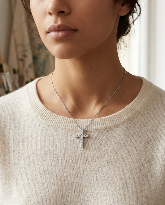 Diamond Prong-set Petite Cross Pendant In 14k White Gold — editorial close-up