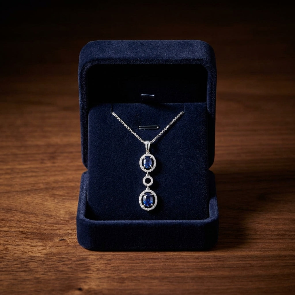 Sapphire And Diamond Oval Drop Pendant In 14k White Gold (17-in Wheat Chain) — gift presentation