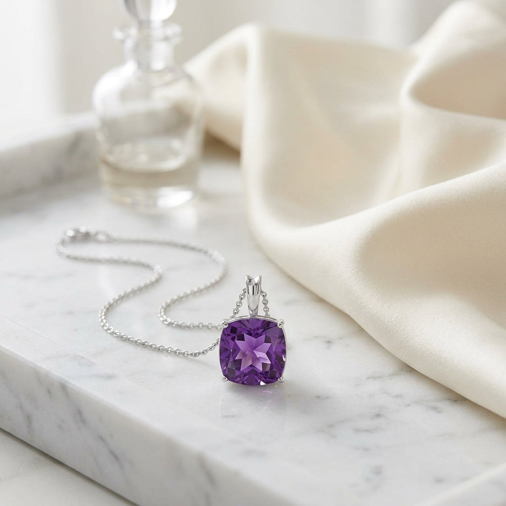 Amethyst Cushion Solitaire Pendant In 14k White Gold (18-in Curb Chain) — atelier still life