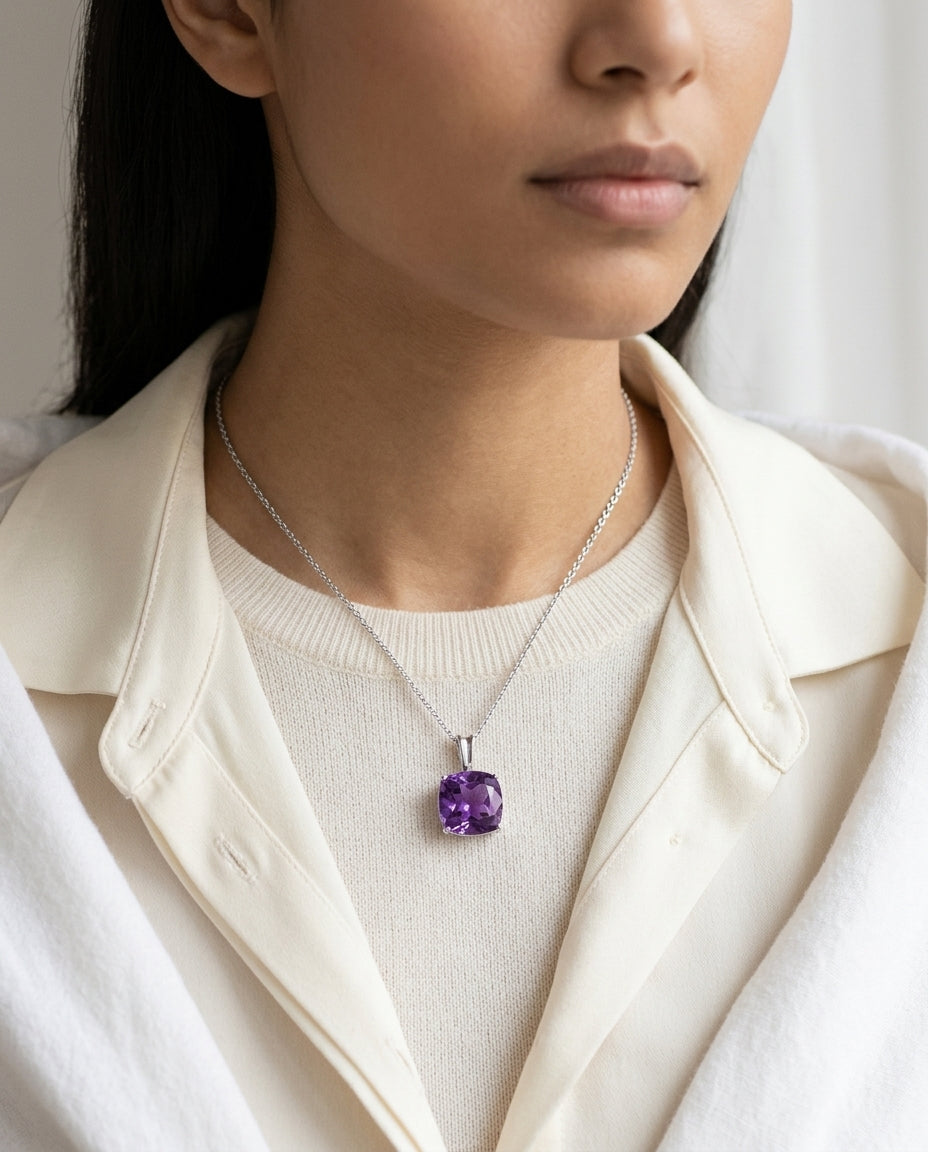Amethyst Cushion Solitaire Pendant In 14k White Gold (18-in Curb Chain) — editorial close-up