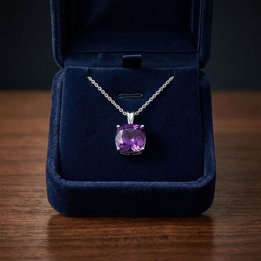 Amethyst Cushion Solitaire Pendant In 14k White Gold (18-in Curb Chain) — gift presentation