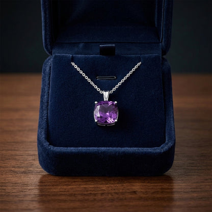 Amethyst Cushion Solitaire Pendant In 14k White Gold (18-in Curb Chain) — gift presentation