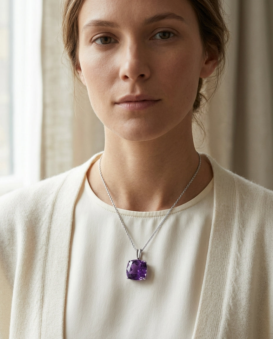 Amethyst Cushion Pendant In 14k White Gold — editorial close-up