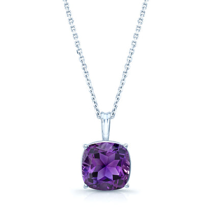 Amethyst Cushion Solitaire Pendant In 14k White Gold (18-in Curb Chain)